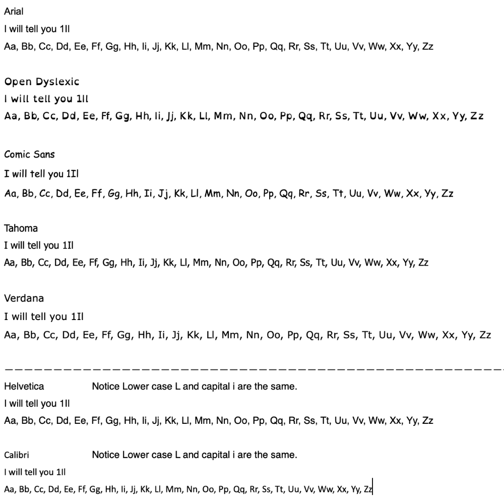 Accessible fonts examples, upper and lower case
