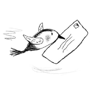 Pencil sketch of a bird carrying a addressed envelope